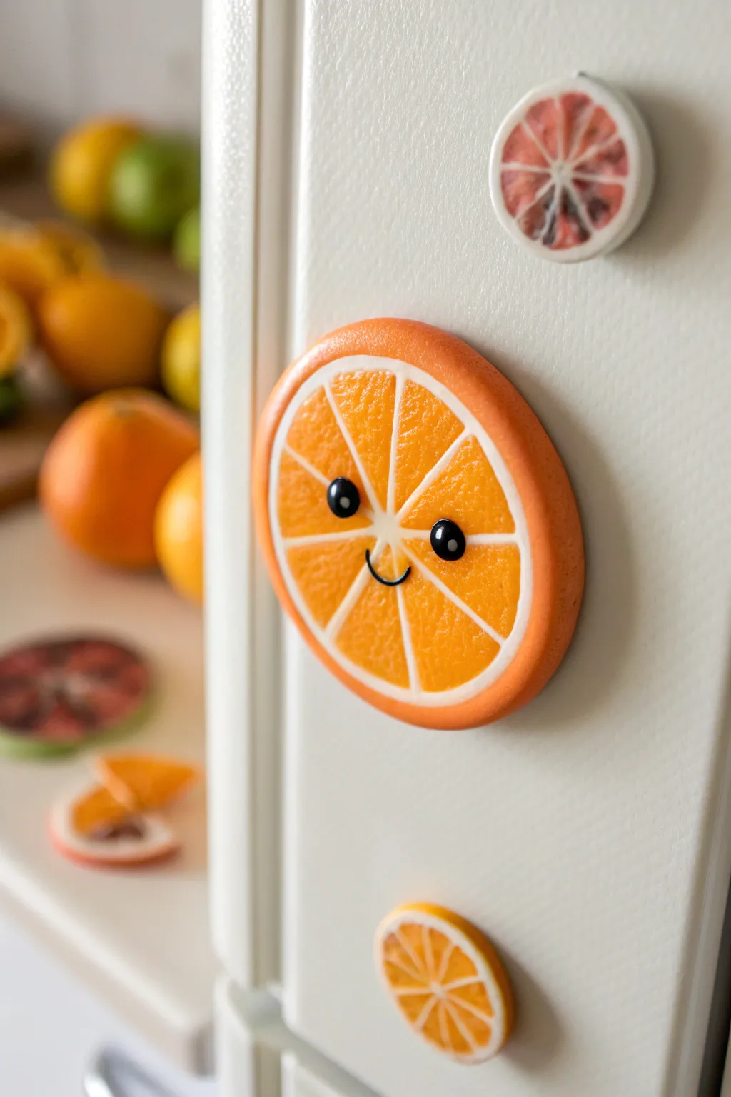 Sweet fruit slice face magnet in bright clay, a tiny smile to brighten a minimalist kitchen.