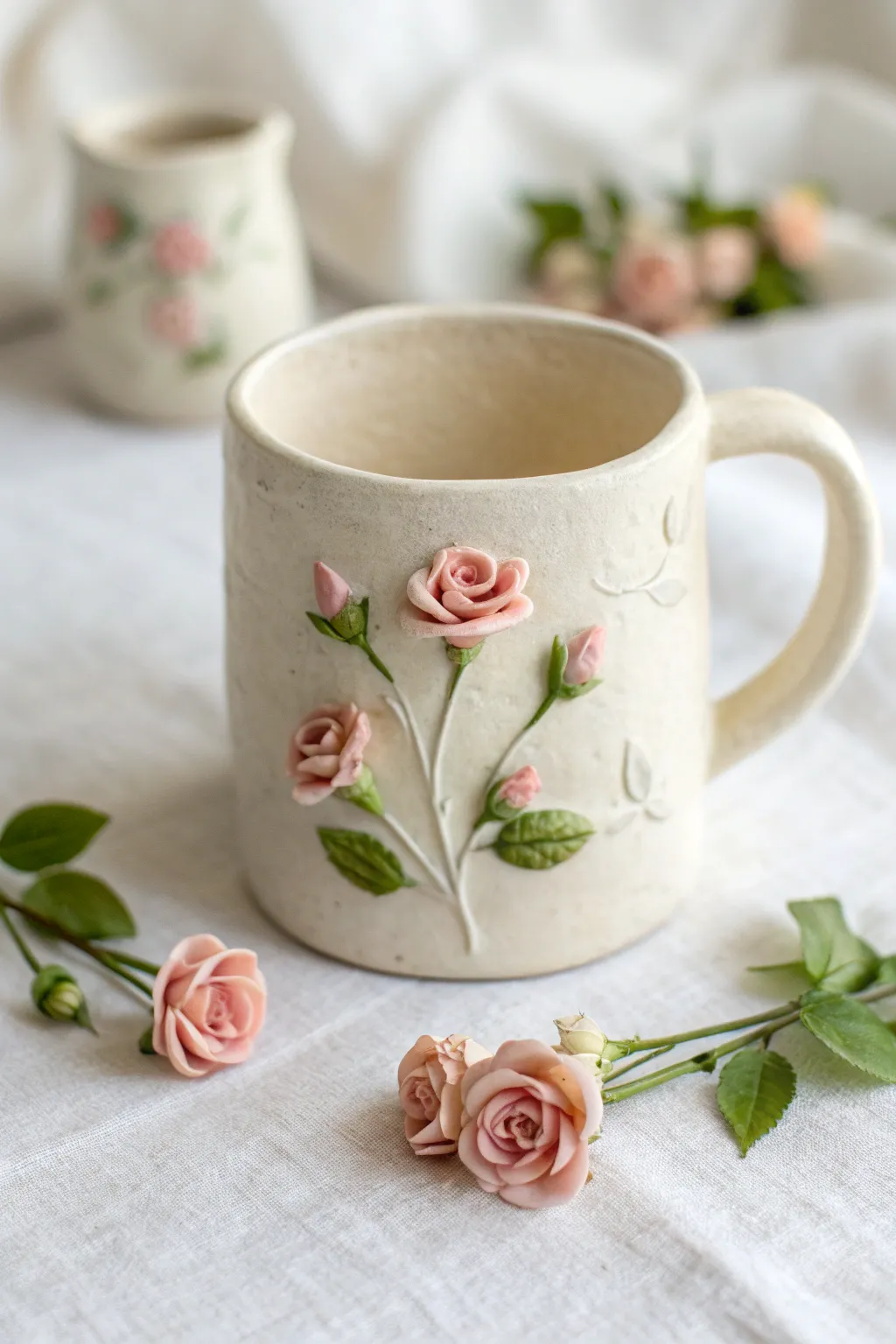 Mini rosebuds mug: creamy clay with soft pink 3D sprigs for a sweet handmade coffee moment