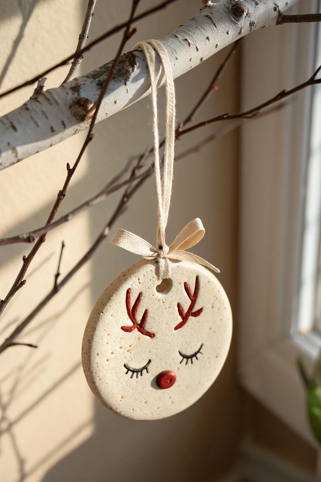 Sleepy reindeer clay ornament with a tiny red nose, minimalist and cozy for winter decor
