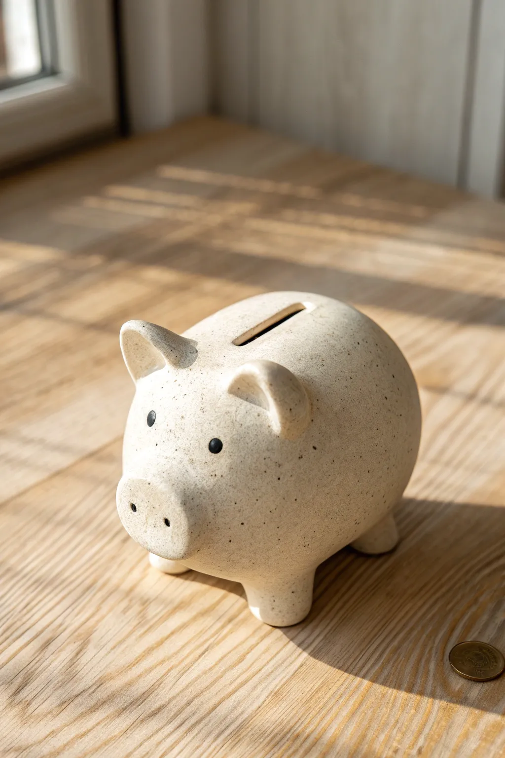 Minimalist clay piggy bank with clean lines and soft shadows for a calm modern vibe.
