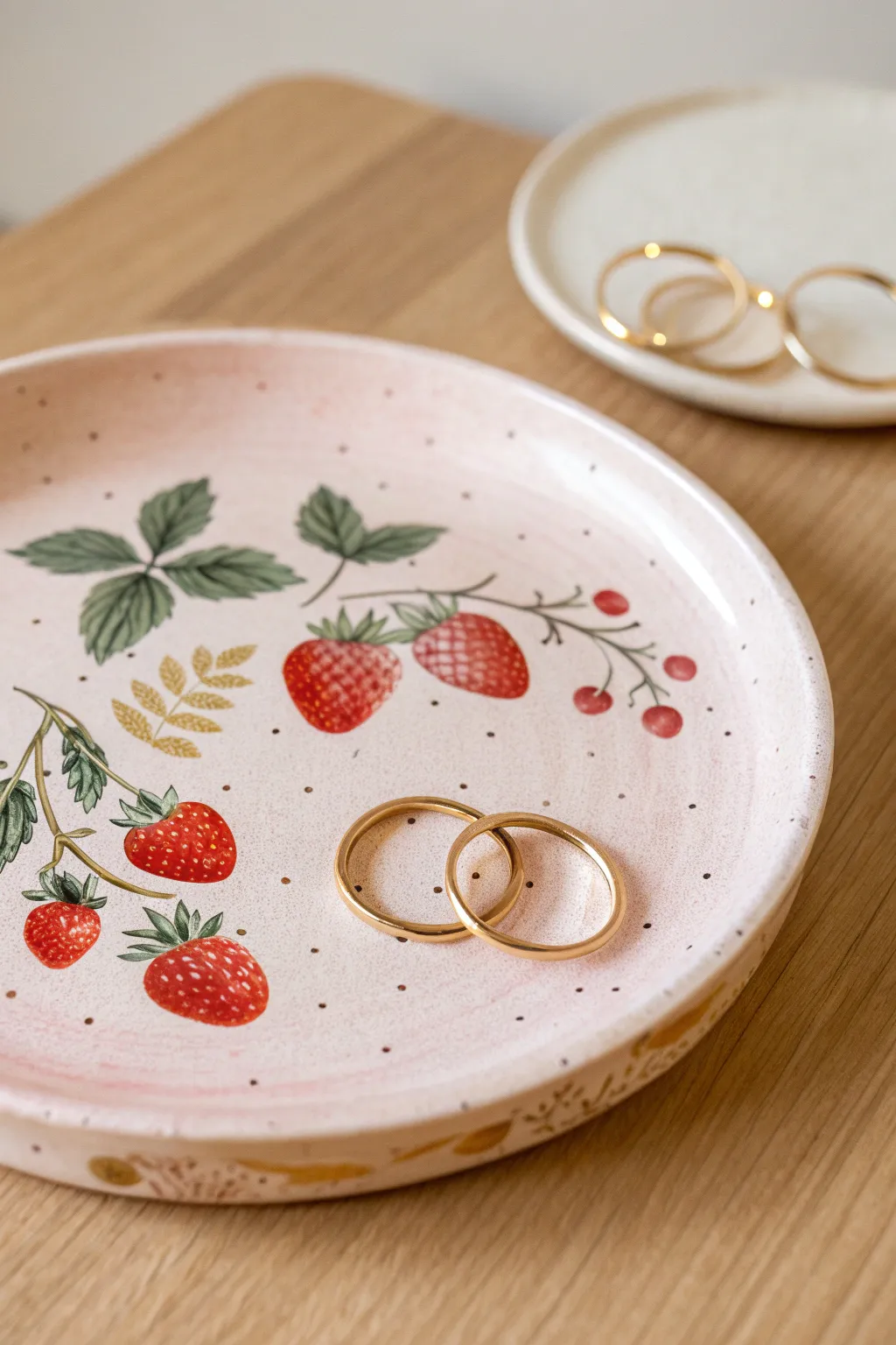 Pale pink strawberry sprinkle clay plate with a minimalist boho vibe, sweet and handmade.