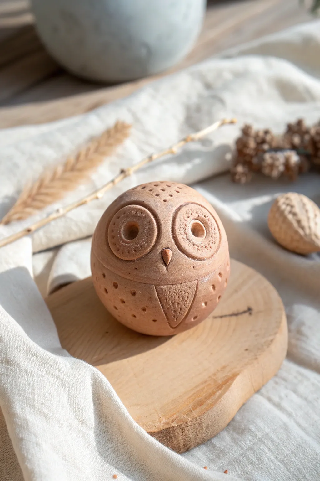 Adorable wide-eyed owl clay rattle, minimalist and boho, perfect for a sweet nursery vibe.