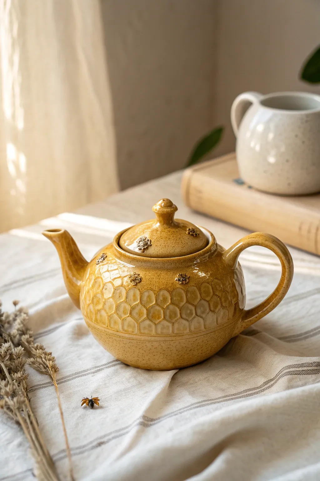 Golden honeycomb teapot with tiny bees, glossy syrupy glaze and cozy minimalist charm
