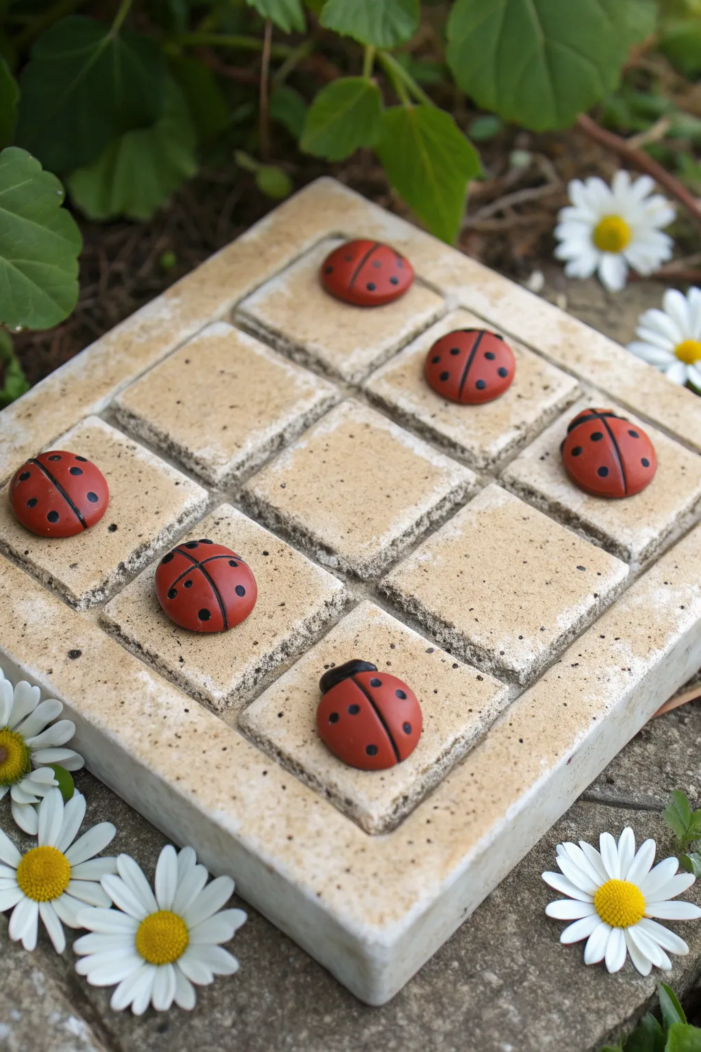 Tiny garden clay tic tac toe board with ladybugs and daisies in a soft minimalist style