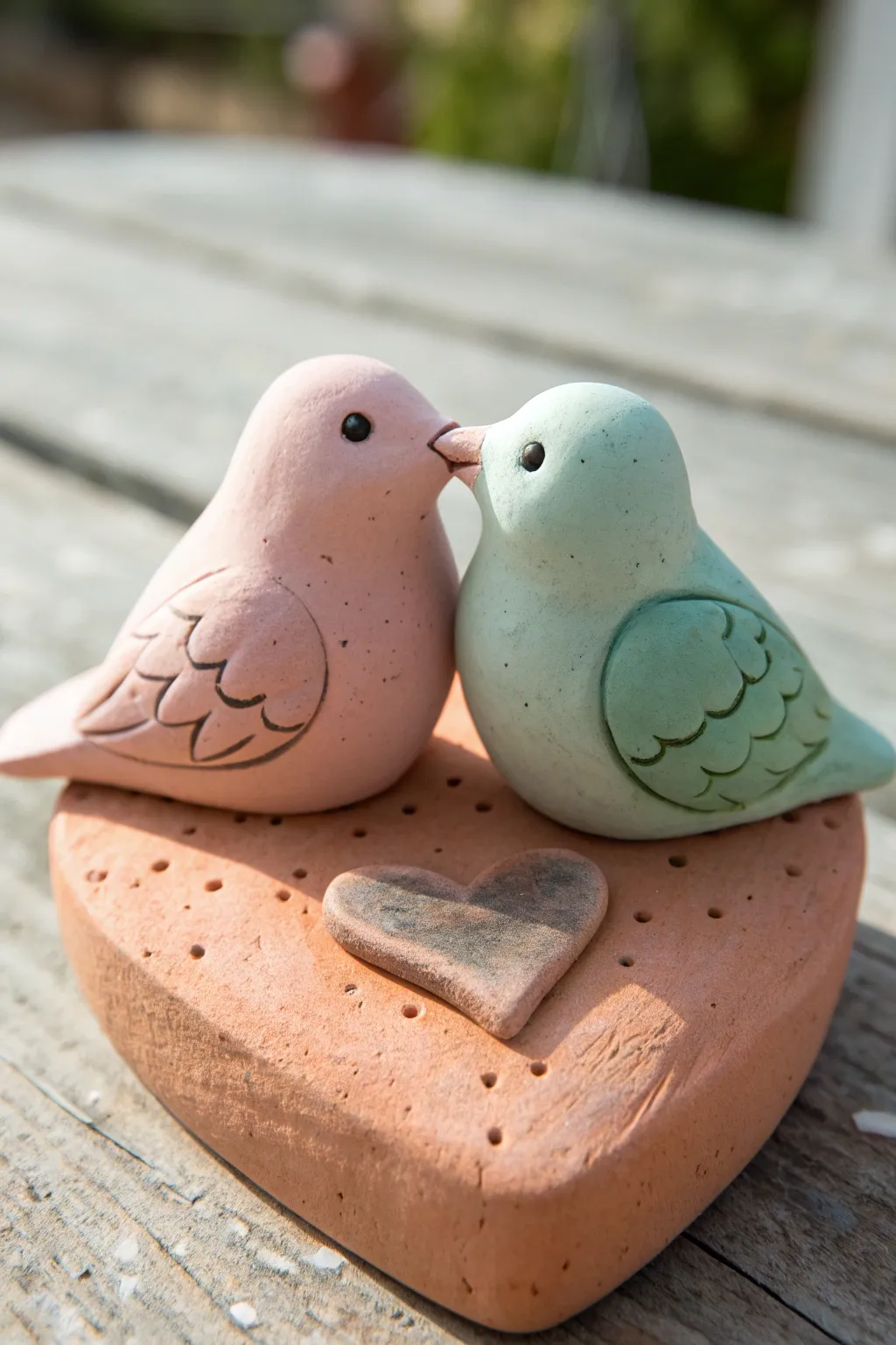 Two pastel lovebirds on a heart base, a sweet minimalist clay couple idea for beginners.
