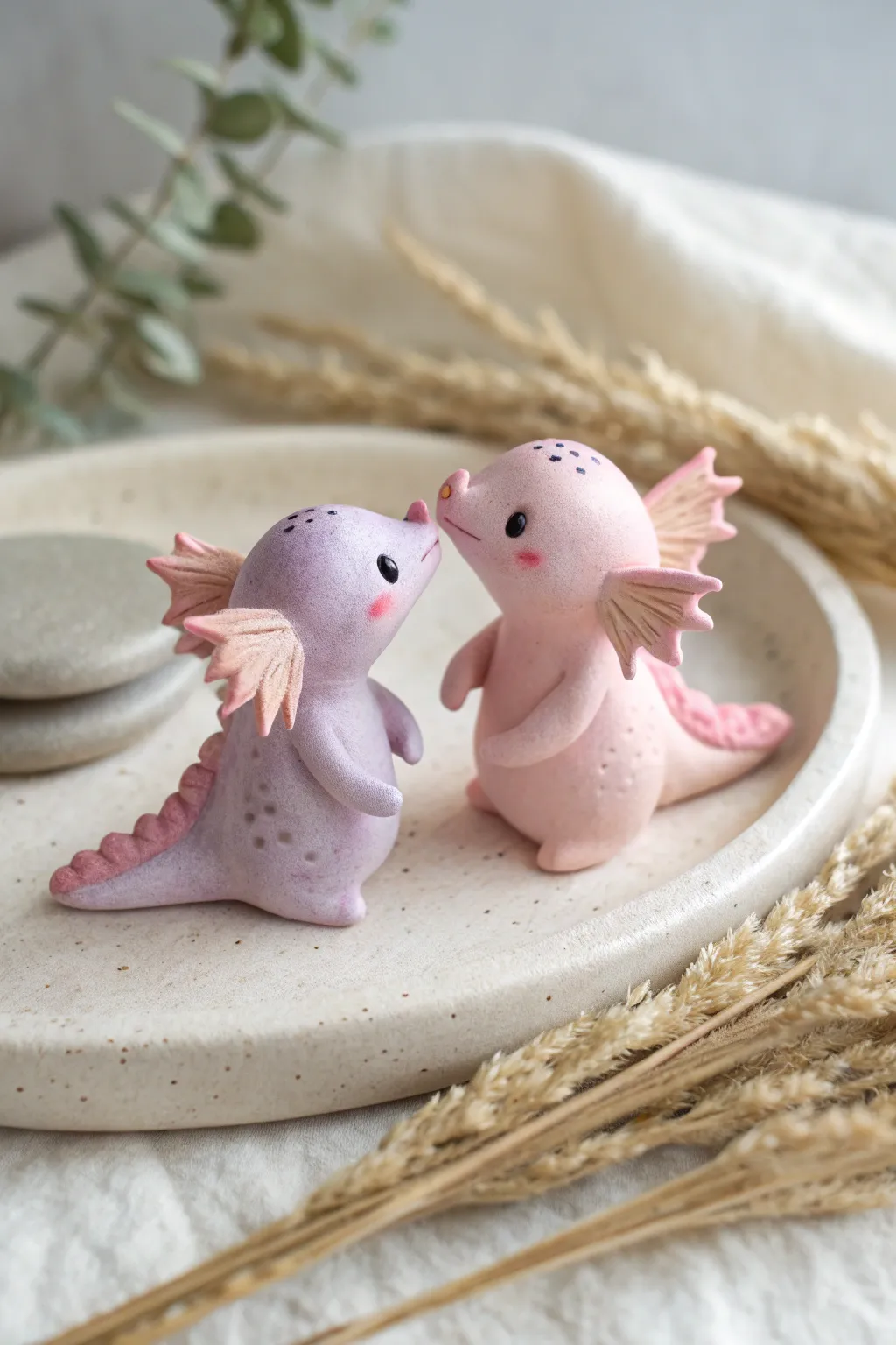 Soft pink and lavender axolotl twins, nose to nose—perfect cute clay date idea.