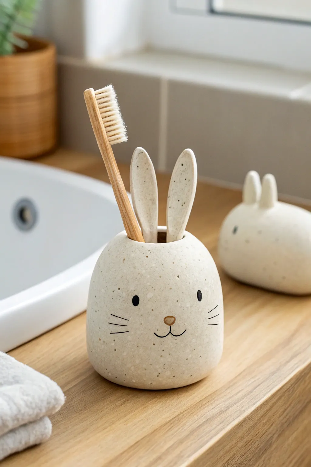 Sweet bunny toothbrush holder in soft matte clay, a minimal bathroom buddy with cozy boho charm