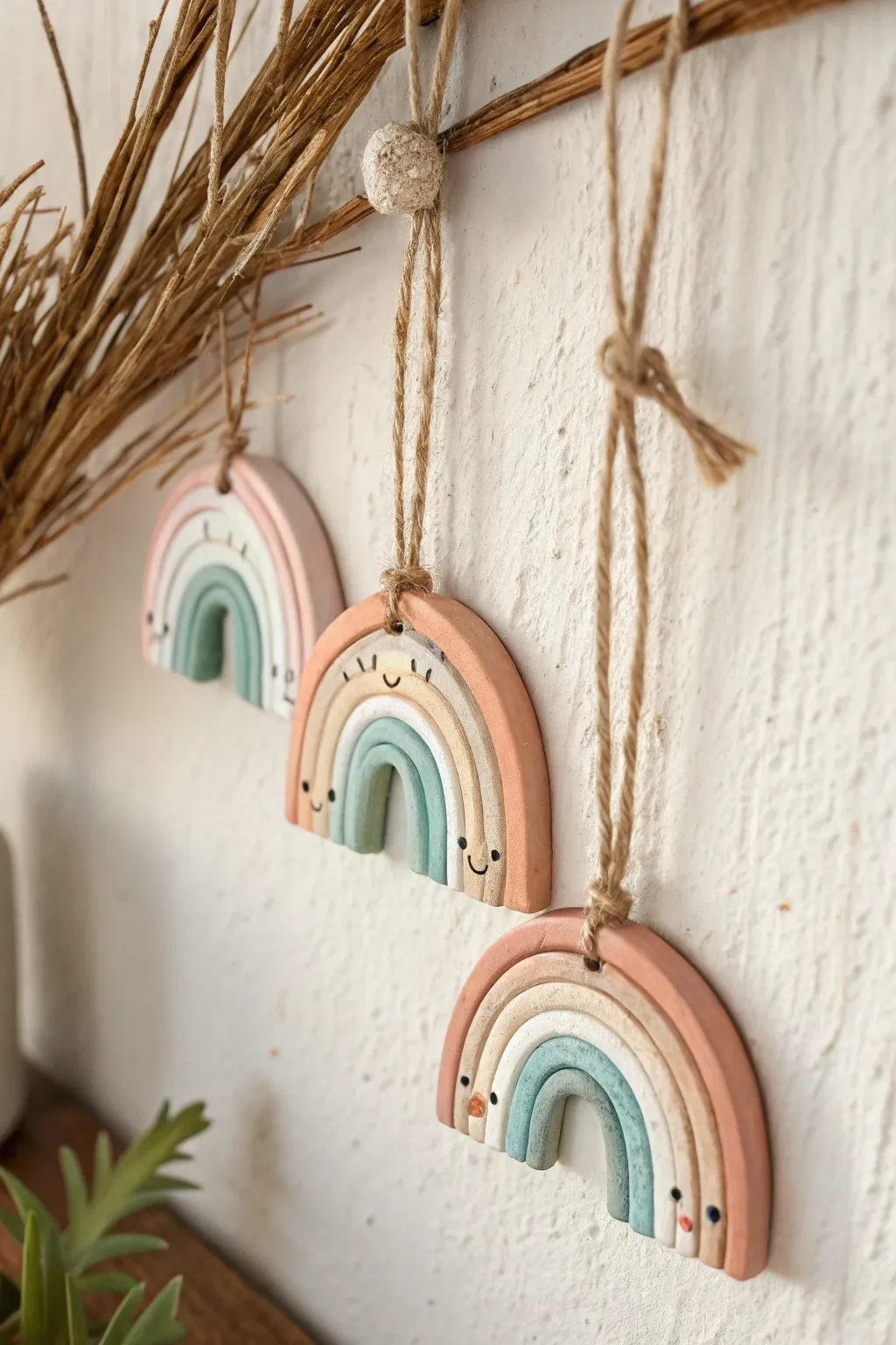 Soft pastel rainbow clay wall charm set with sweet faces, minimal boho styling, bright calm