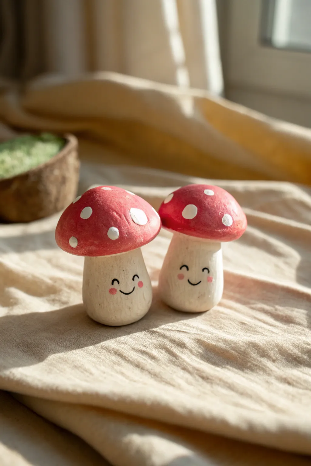 Two tiny clay mushroom buddies with sweet smiles, a cozy beginner project in soft minimalist style