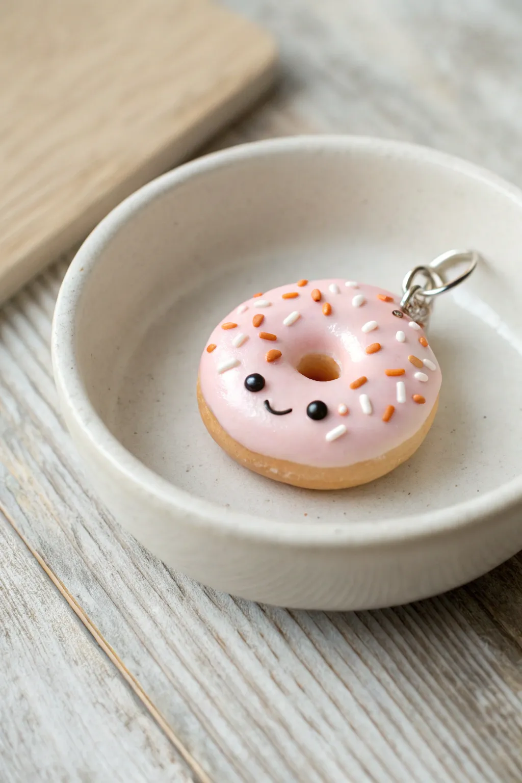 Sweet mini donut charm with pastel frosting, tiny sprinkles, and a simple smile for your keychain.