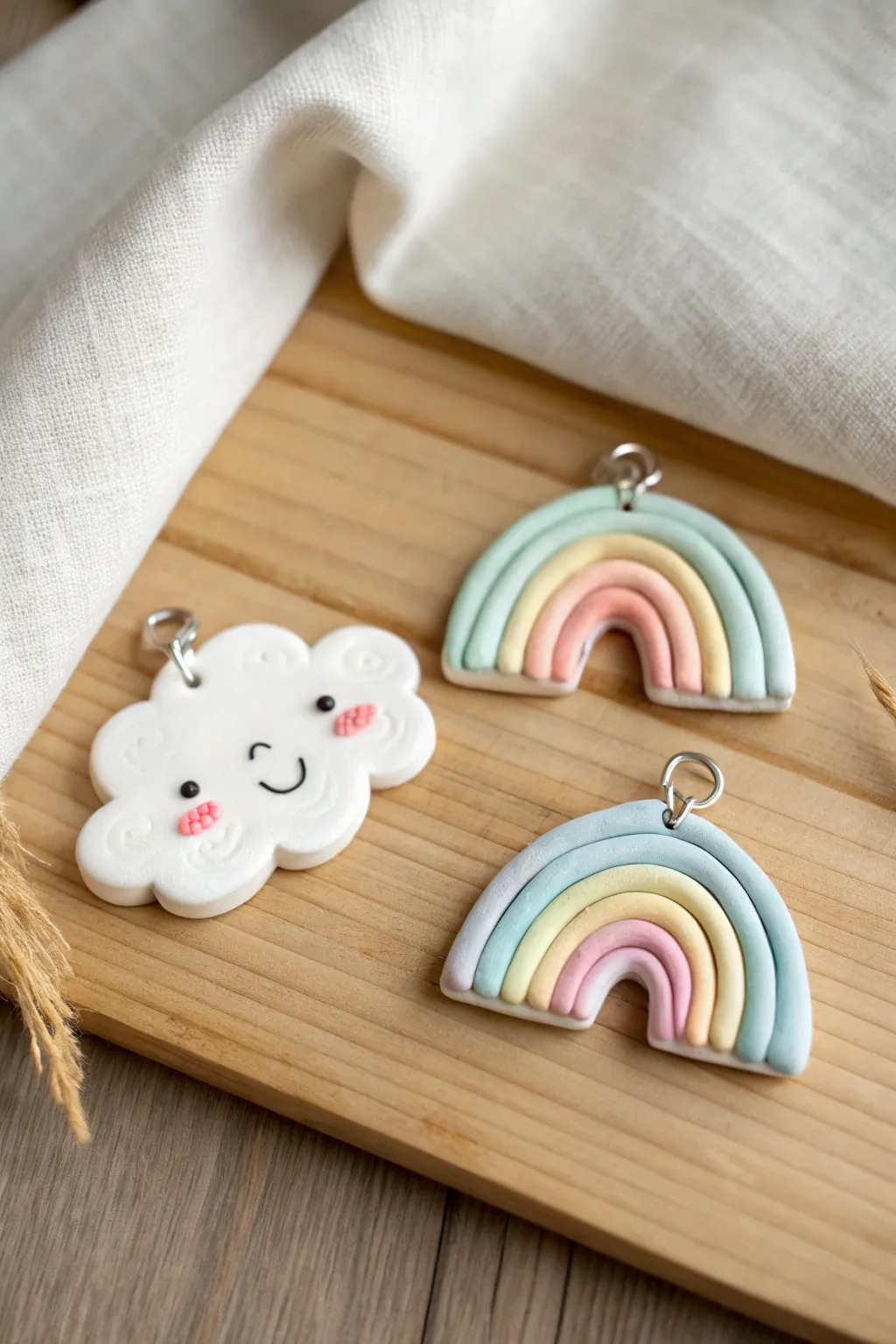 Rainbow cloud charm trio in soft pastels, sweet smiles, minimalist styling for easy clay craft