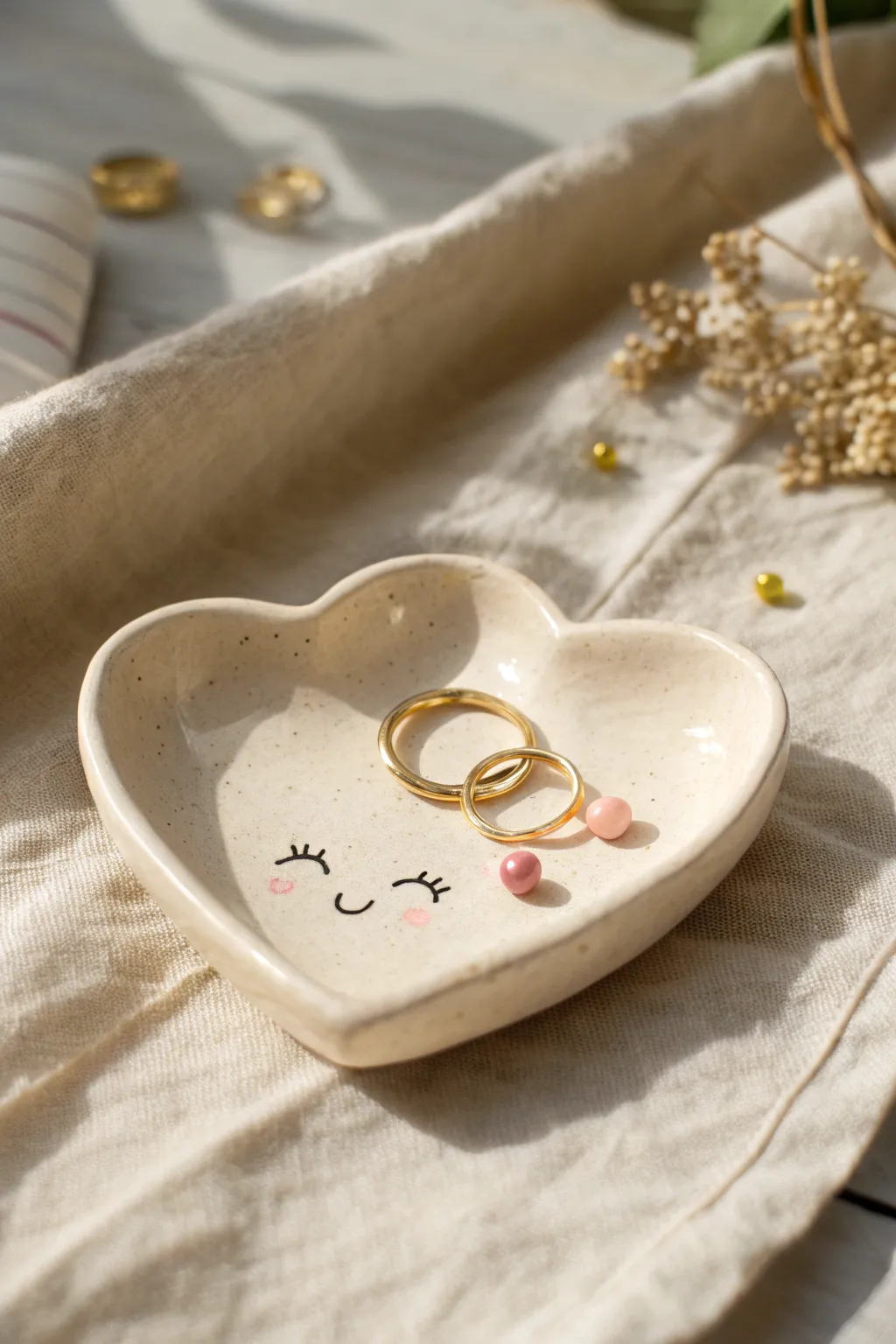 Sweet heart trinket dish with a tiny face detail, perfect for rings and small beads.