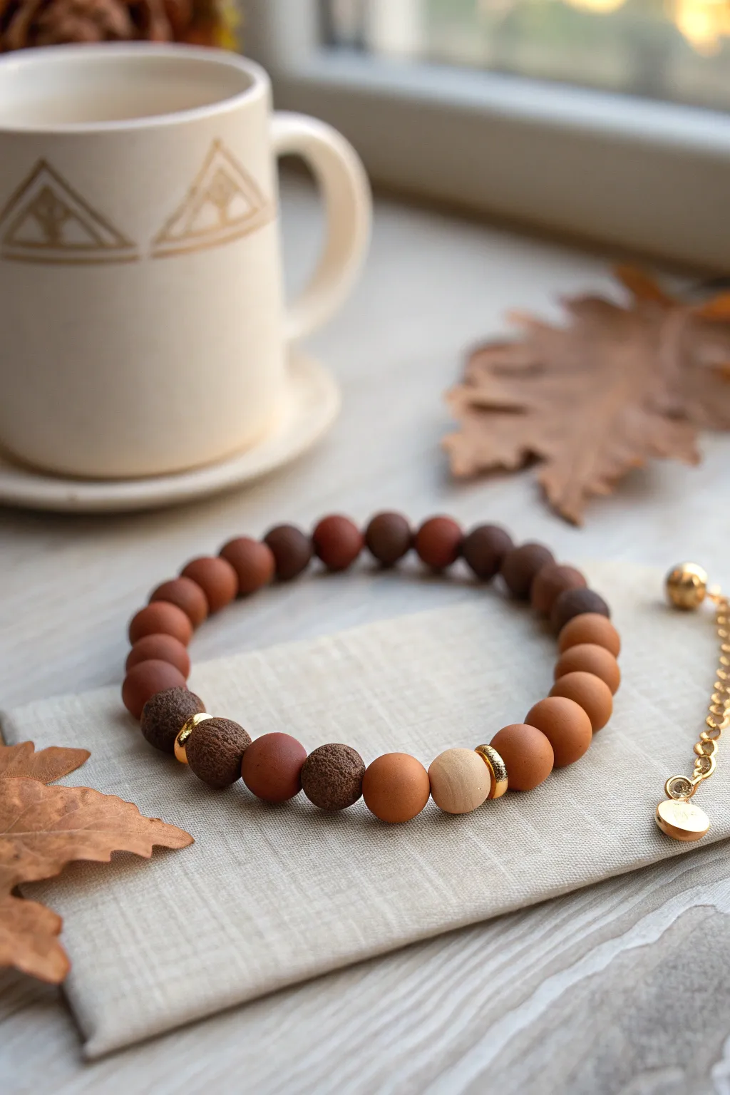 Cinnamon brown ombre clay bead bracelet, cozy fall neutrals with minimalist Scandinavian vibes.