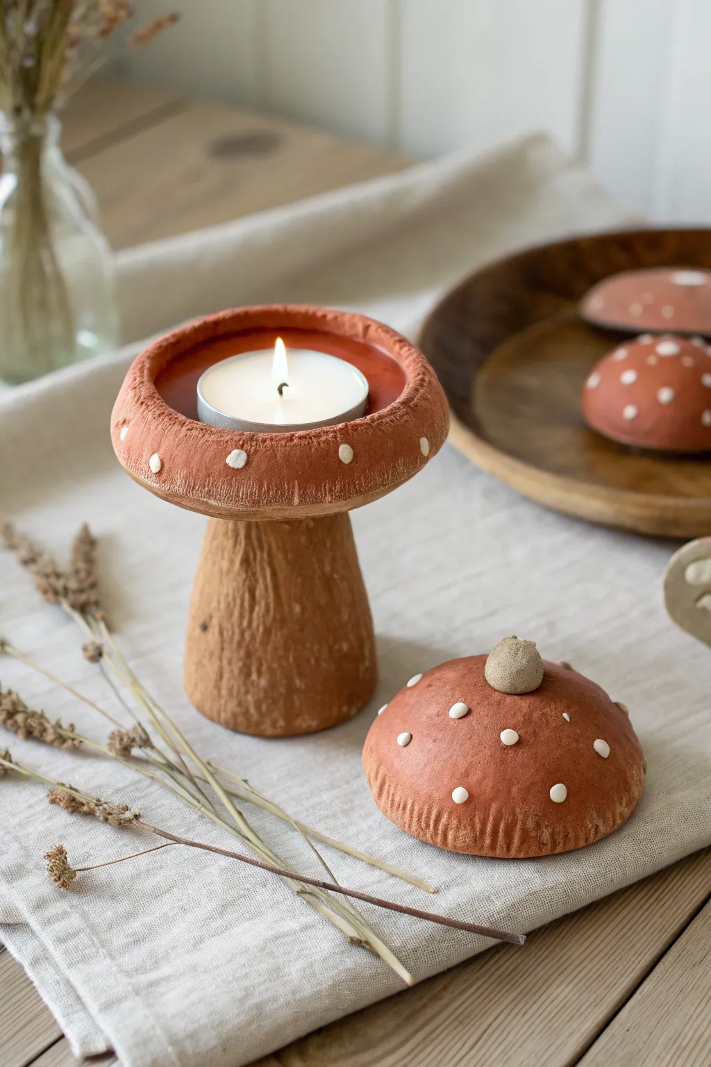 Cozy fall clay duo: rounded mushroom candle holder with matching leaf dish in warm autumn tones.