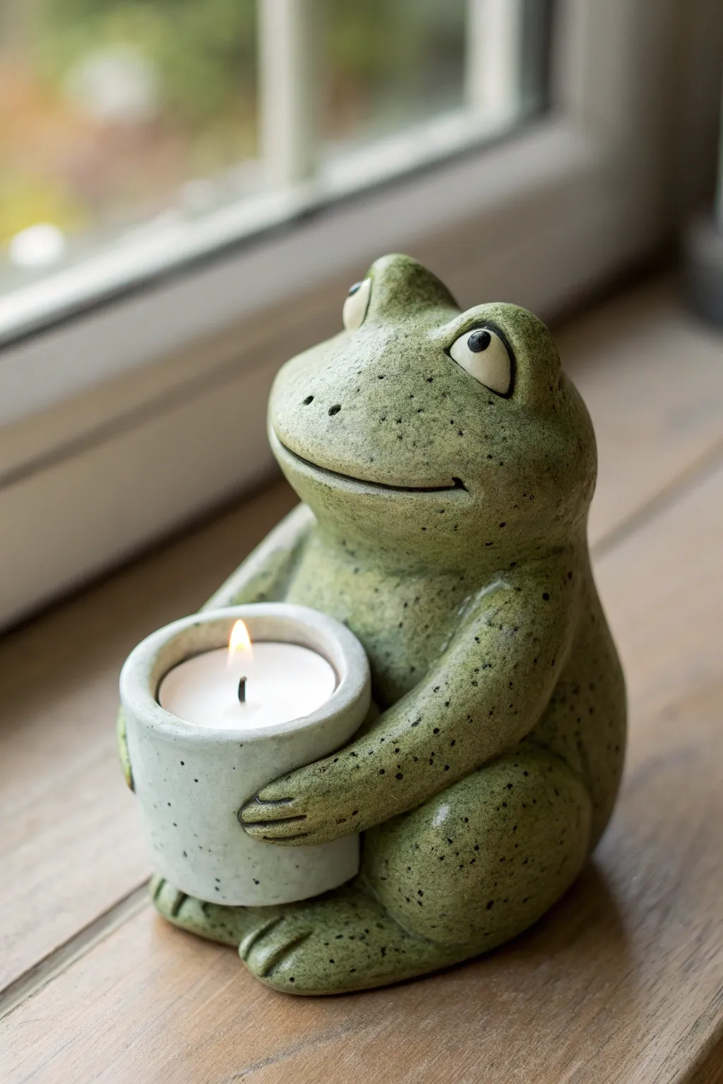 Cozy frog tea light hugger with a calm smile, minimalist handmade charm for any nook