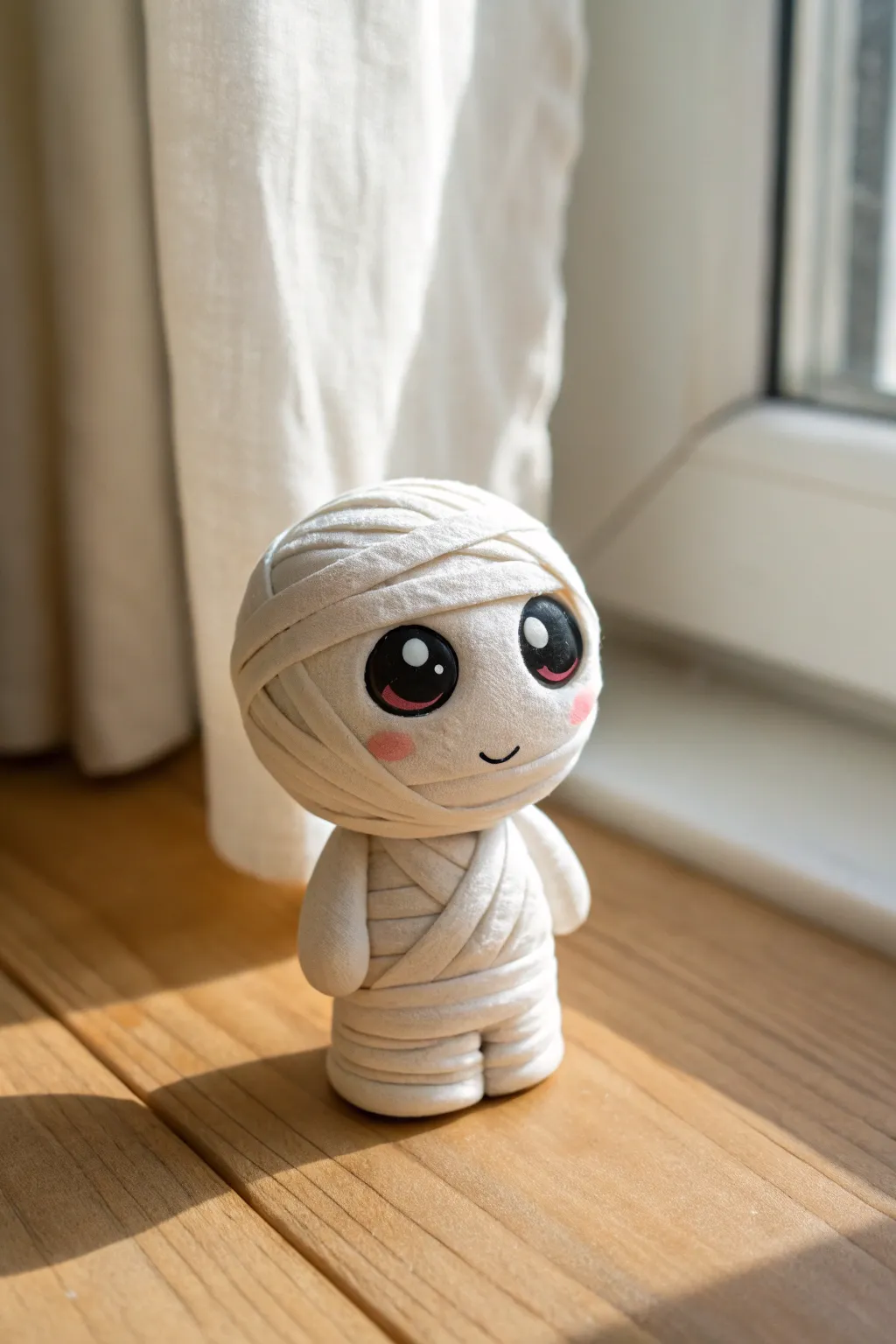 Adorable clay mummy with peekaboo eyes and blush cheeks, perfect minimalist Halloween decor