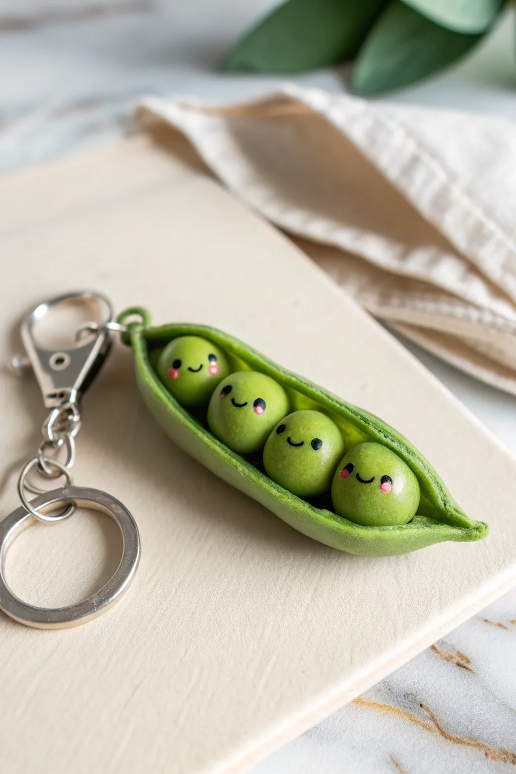 Peas in a pod clay keychain charm, minimalist and cute with tiny faces and a fresh green pop