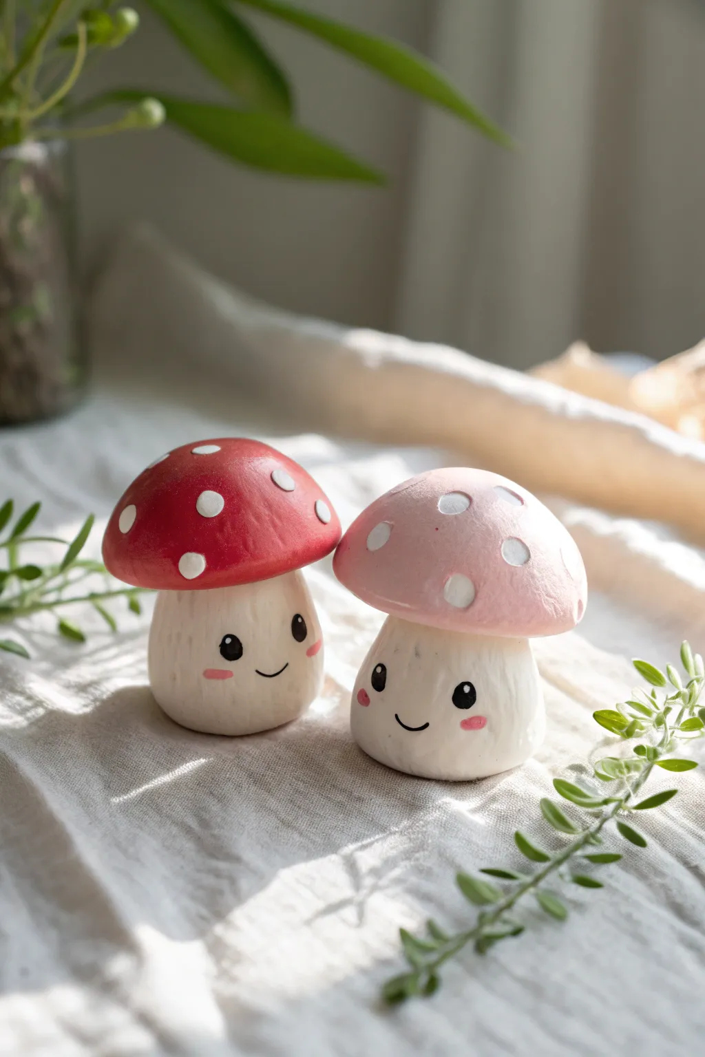 Sweet kawaii mushroom duo in air dry clay, minimalist Scandinavian vibes with soft boho warmth.