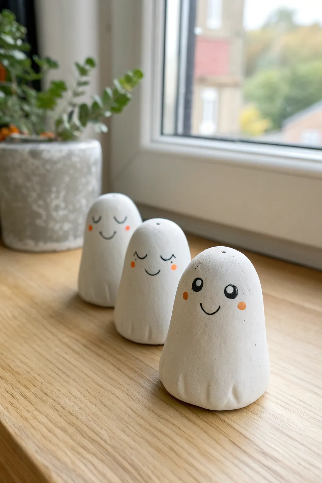 Three tiny clay ghost friends with sweet expressions in a minimalist, cozy Scandinavian style