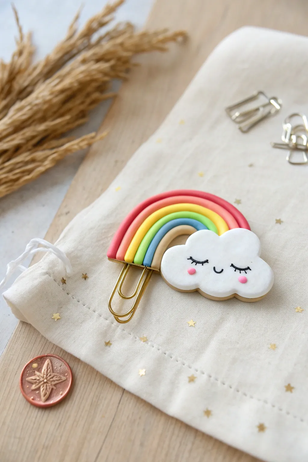 Sweet mini rainbow cloud clip with sleepy face, an easy cute clay idea for dreamy accessories