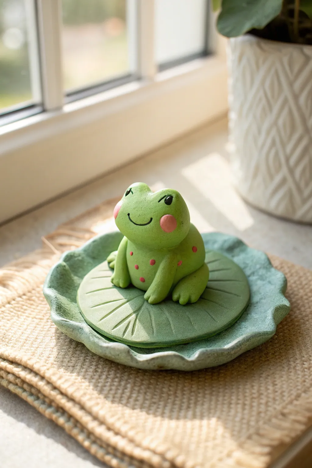 Cute mini frog on lily pad, soft blush cheeks and tiny dot toes in minimalist Scandinavian style.