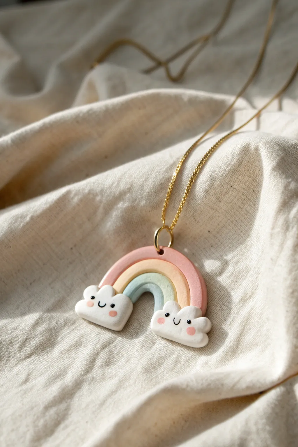 Pastel rainbow cloud pendant in oven-bake clay, simple, dreamy, and perfect for a cute DIY necklace