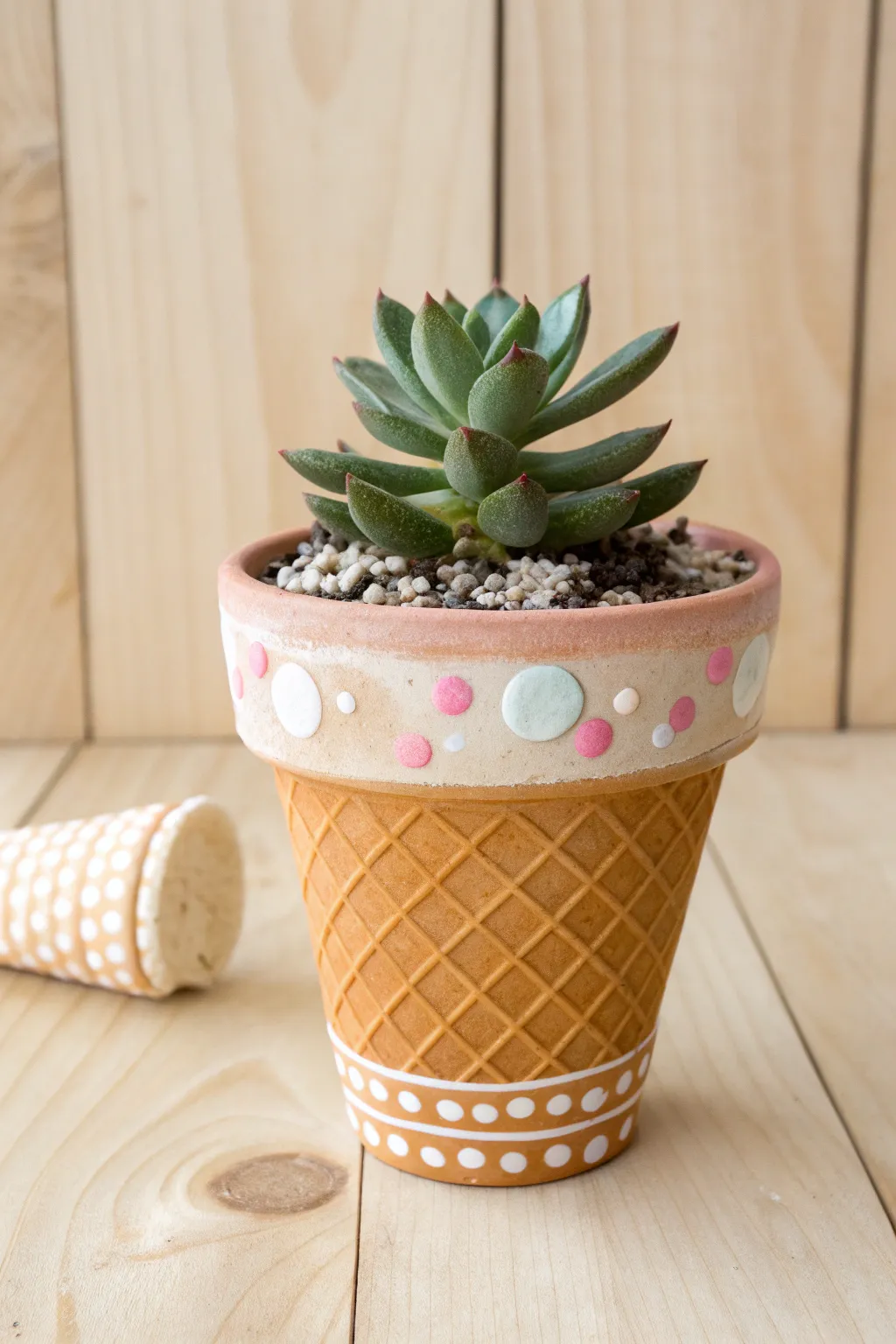 Sweet ice-cream cone painted pot with tiny succulent scoop, minimalist Scandinavian styling.