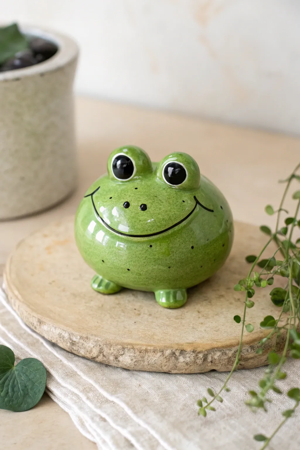 Bright green frog pinch pot with big eyes, a playful minimalist piece with handcrafted charm.