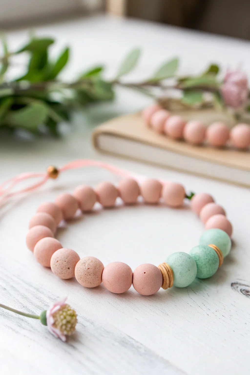 Blush pink clay bead bracelet with mint sorbet accents for a fresh, minimal boho vibe