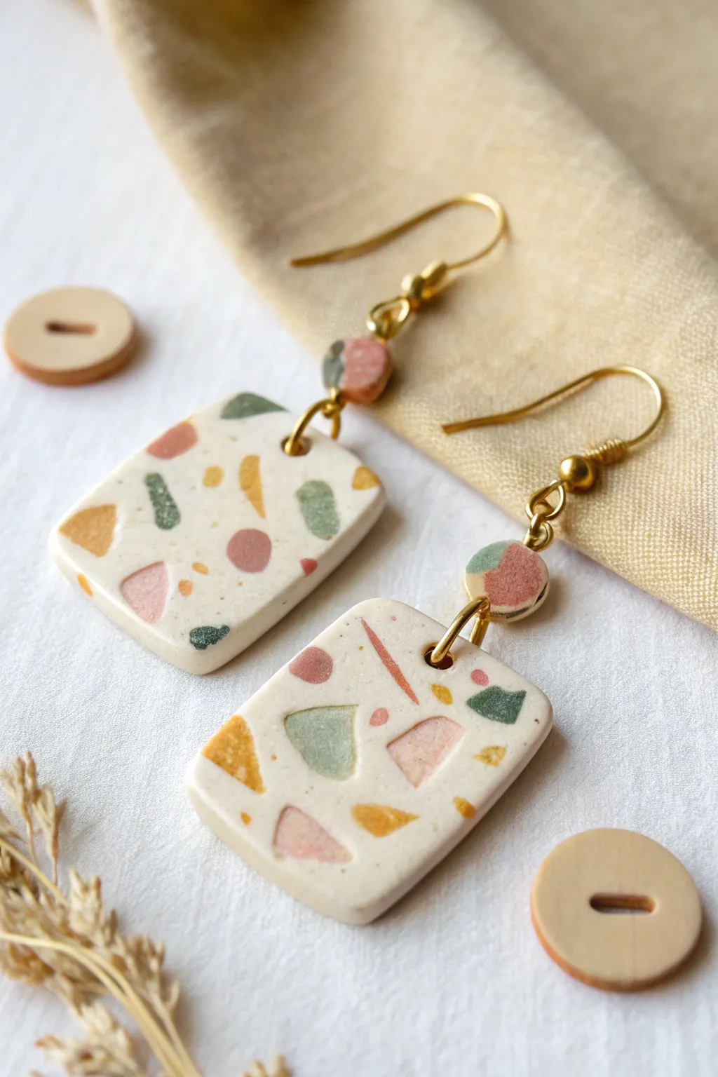 Terrazzo sprinkle polymer clay dangles in soft boho tones, minimalist and handmade.