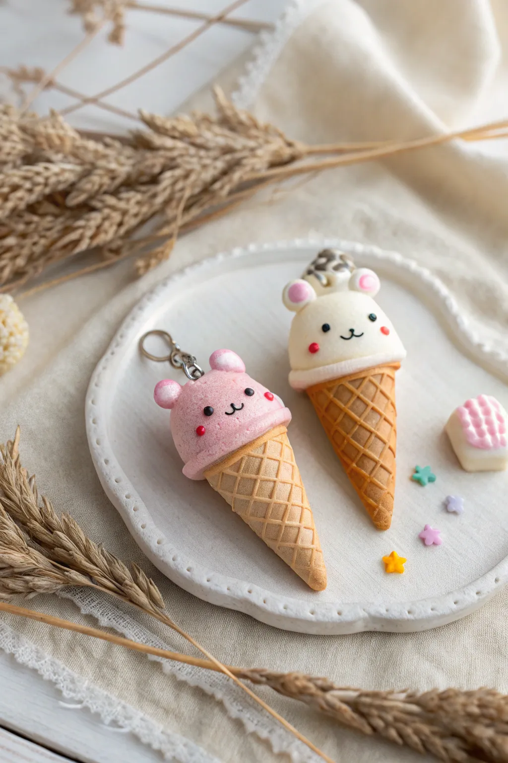Adorable polymer clay ice cream cone charms with bear and bunny ears, sprinkles, and smiles
