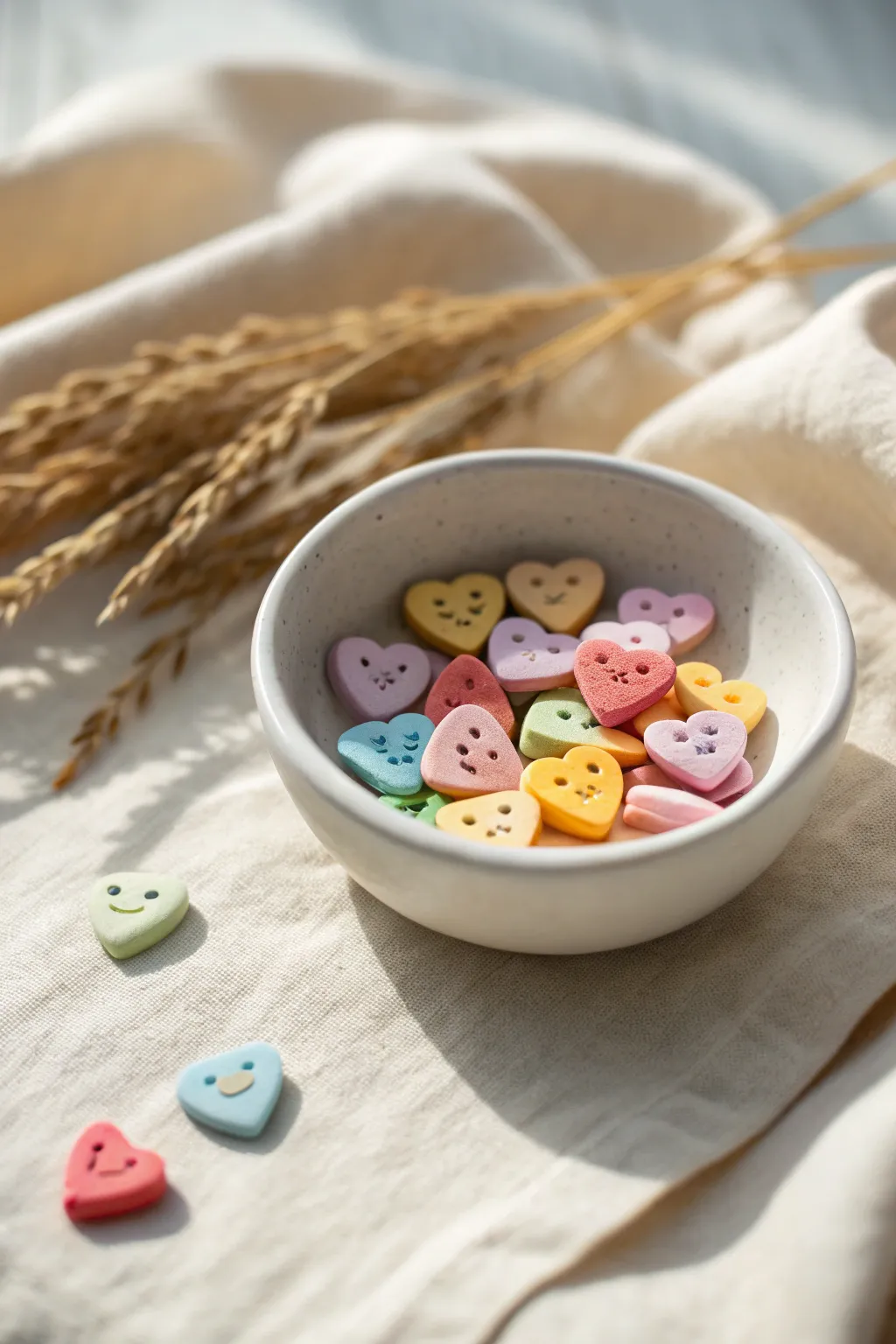Playful rainbow candy heart tokens in a simple trinket dish, a cute beginner clay project