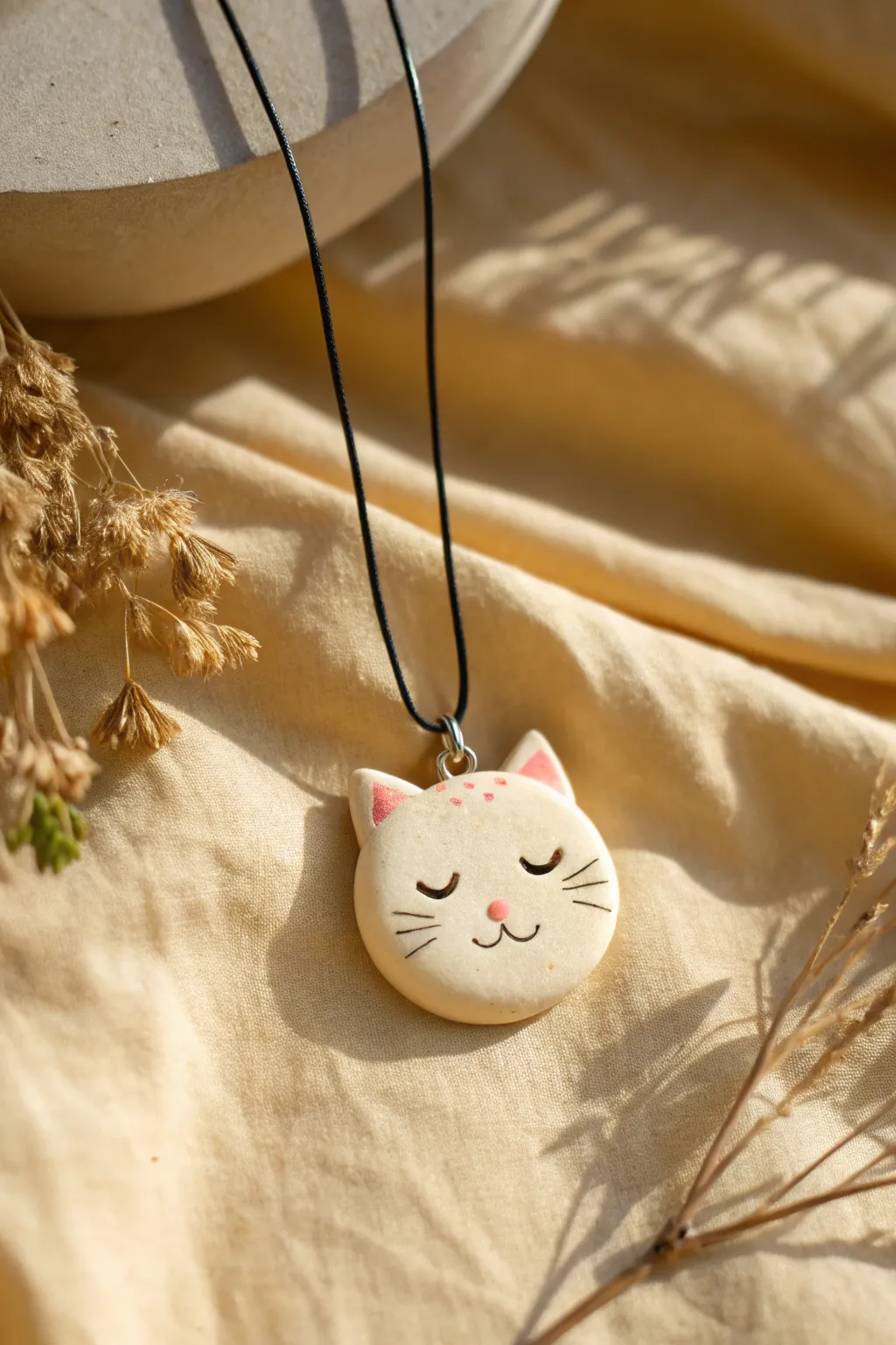 Simple cat face pendant in creamy polymer clay, minimalist and sweet for everyday wear.