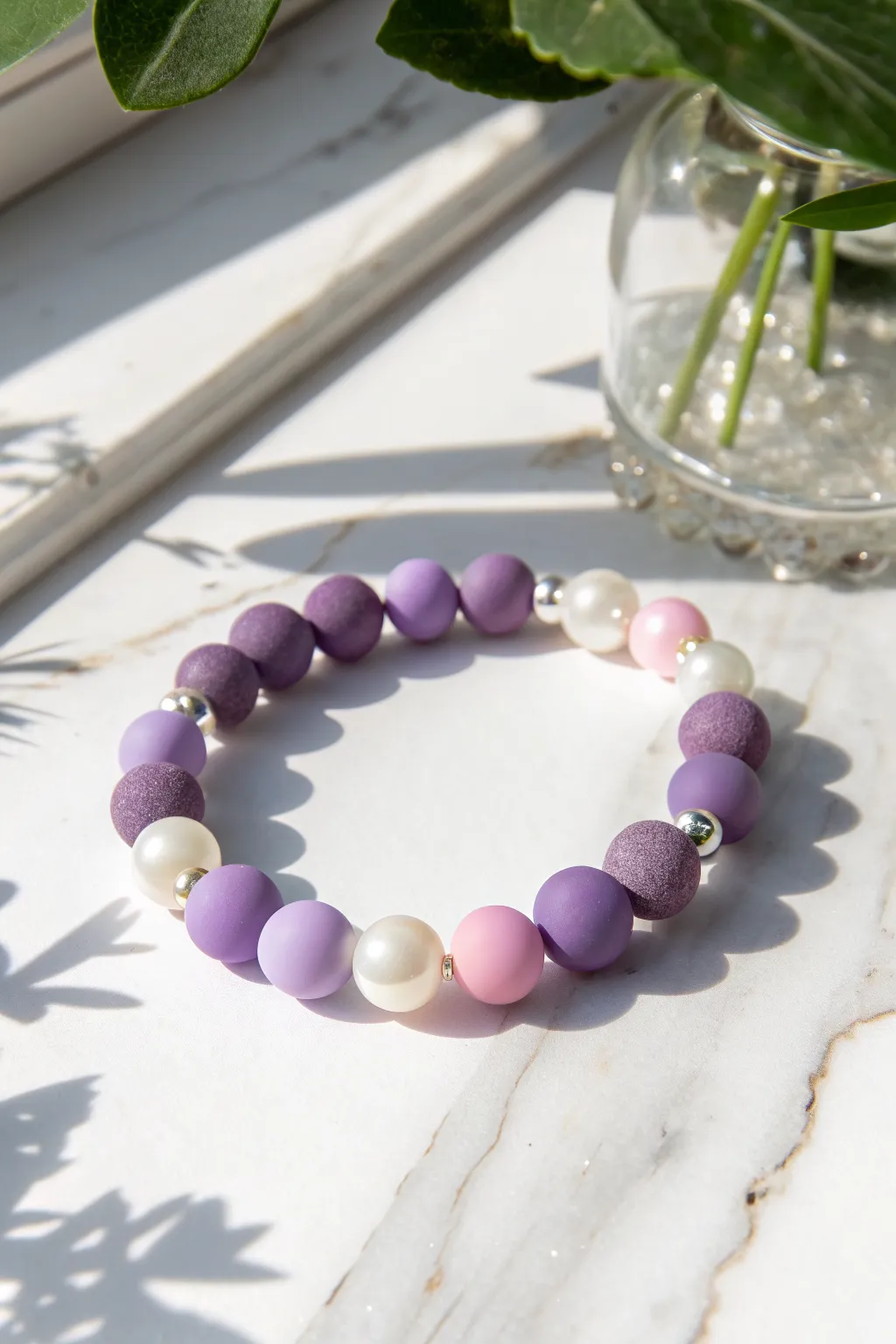 Lavender clay beads with creamy pearl accents for a soft, minimalist bracelet look