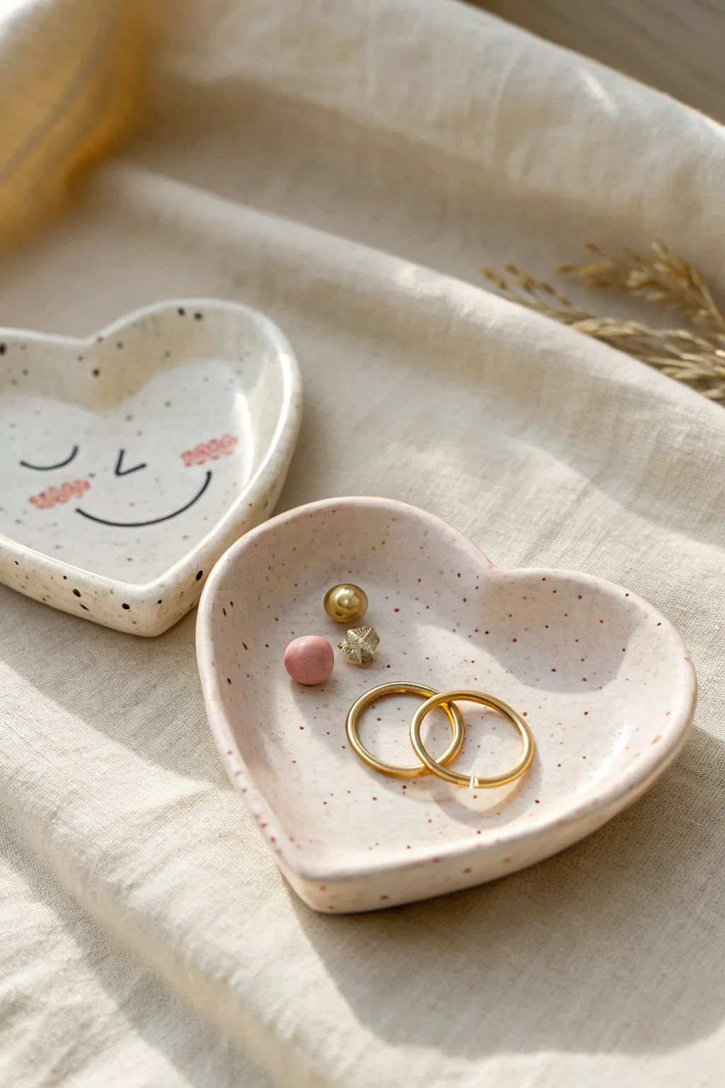 Tiny heart trinket dishes with sweet faces, holding mini rings and beads in soft neutral light.