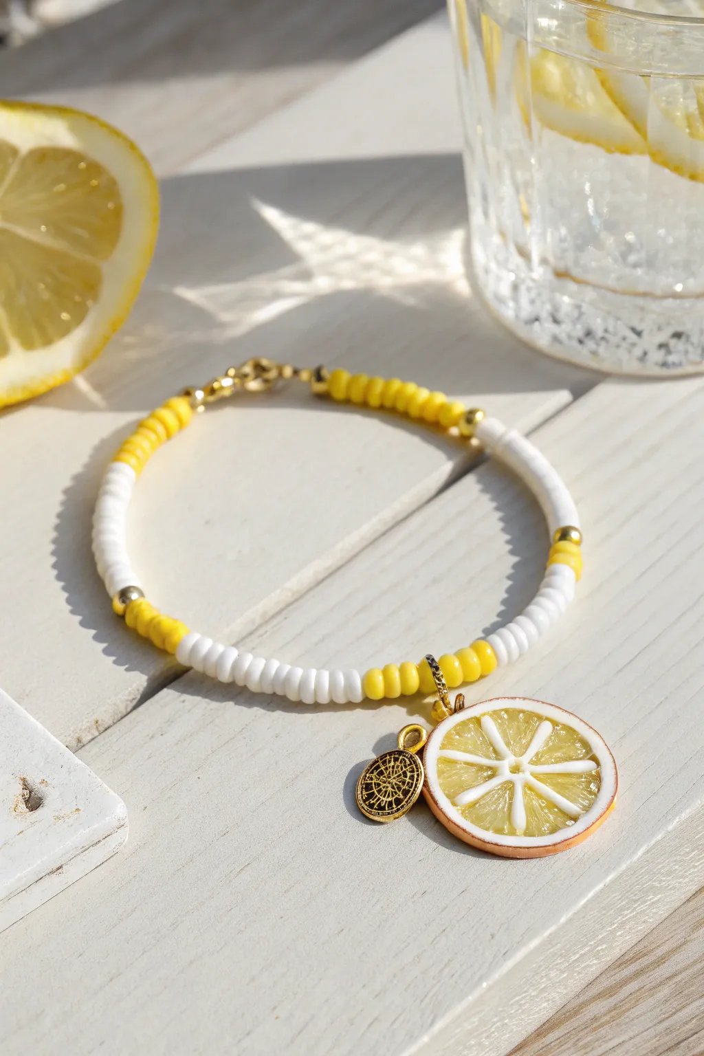 Lemonade yellow and white heishi bracelet with a tiny citrus charm, bright and breezy.
