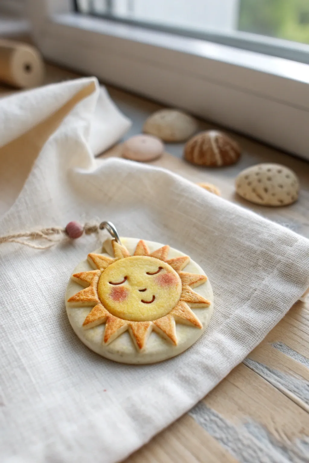 Pocket-size sun face token in warm yellow clay, a sweet minimalist summer charm to make.