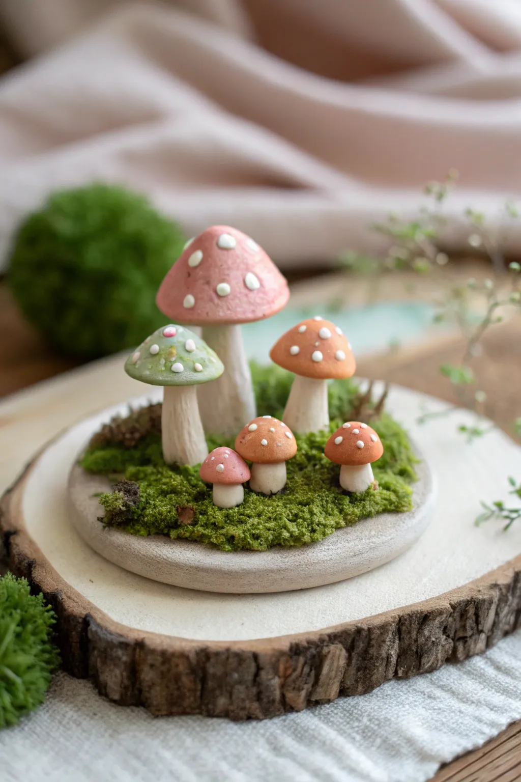 Tiny mushroom sprites with sweet faces, a dreamy mini clay forest in soft Scandinavian tones