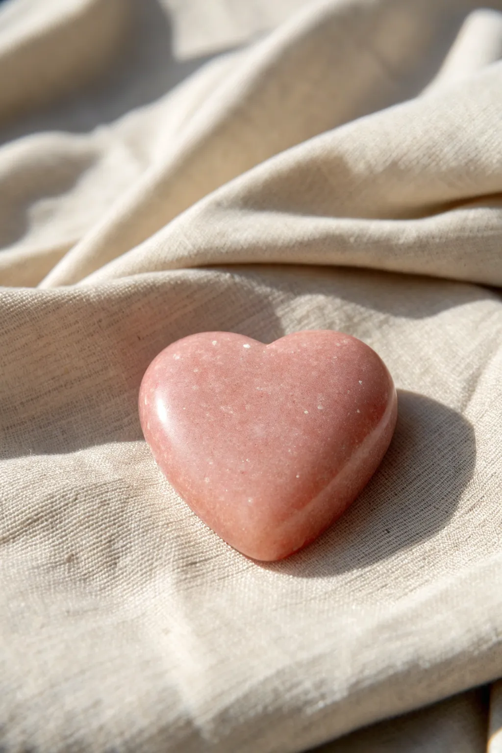 Pocket-sized rosy heart worry stone with a thumb dip, minimalist and soothing for Valentines