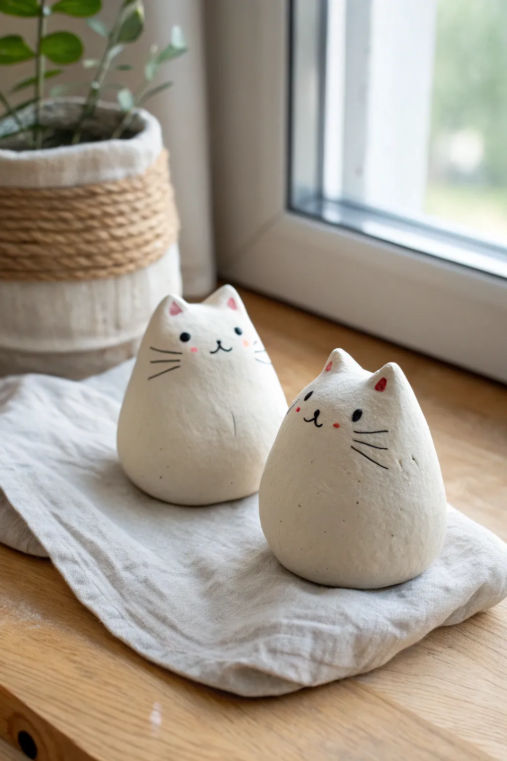 Adorable beginner clay couple: two minimalist blob cats with sweet painted faces