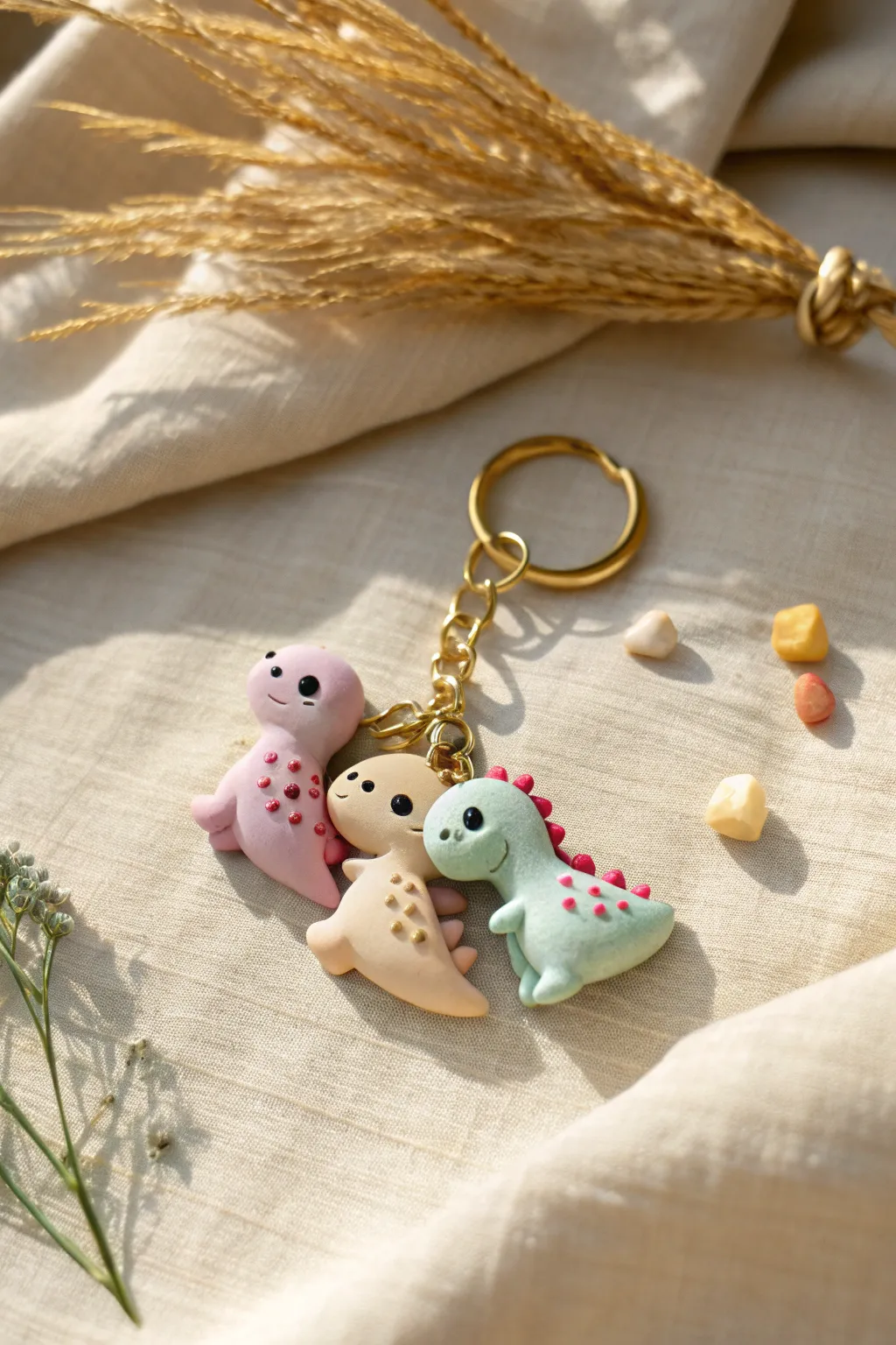 Pastel kawaii dino keychain charms in air dry clay, styled minimalist-boho on a soft beige backdrop.