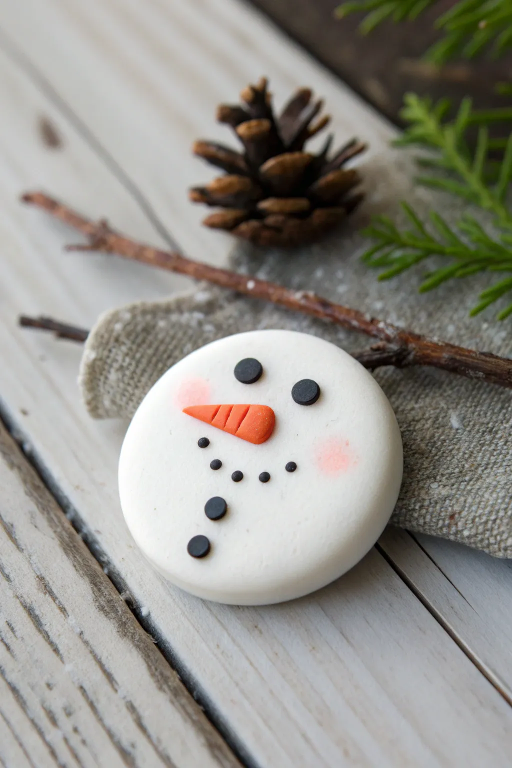 Sweet snowman face pin with carrot nose and twig hair, minimalist winter accessory in clay.