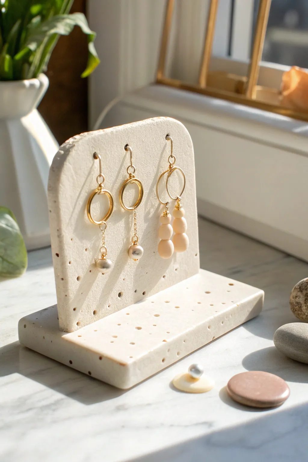 Minimal air-dry clay peg stand that keeps your favorite earrings tidy and beautifully displayed.