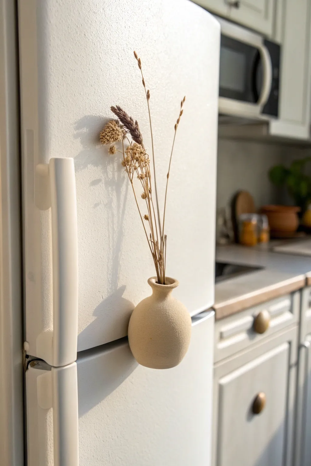 A simple clay magnet bud vase brings soft boho charm to a clean Scandinavian kitchen.