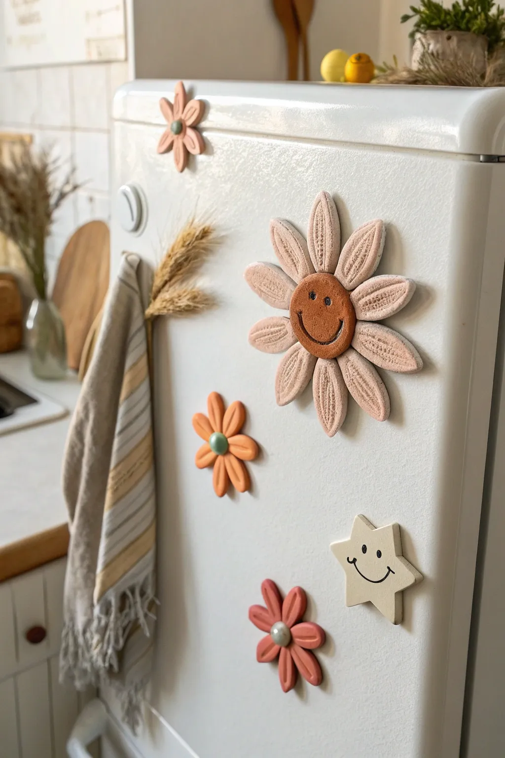 Cute DIY clay fridge magnets that bring a minimalist boho touch to your kitchen decor.