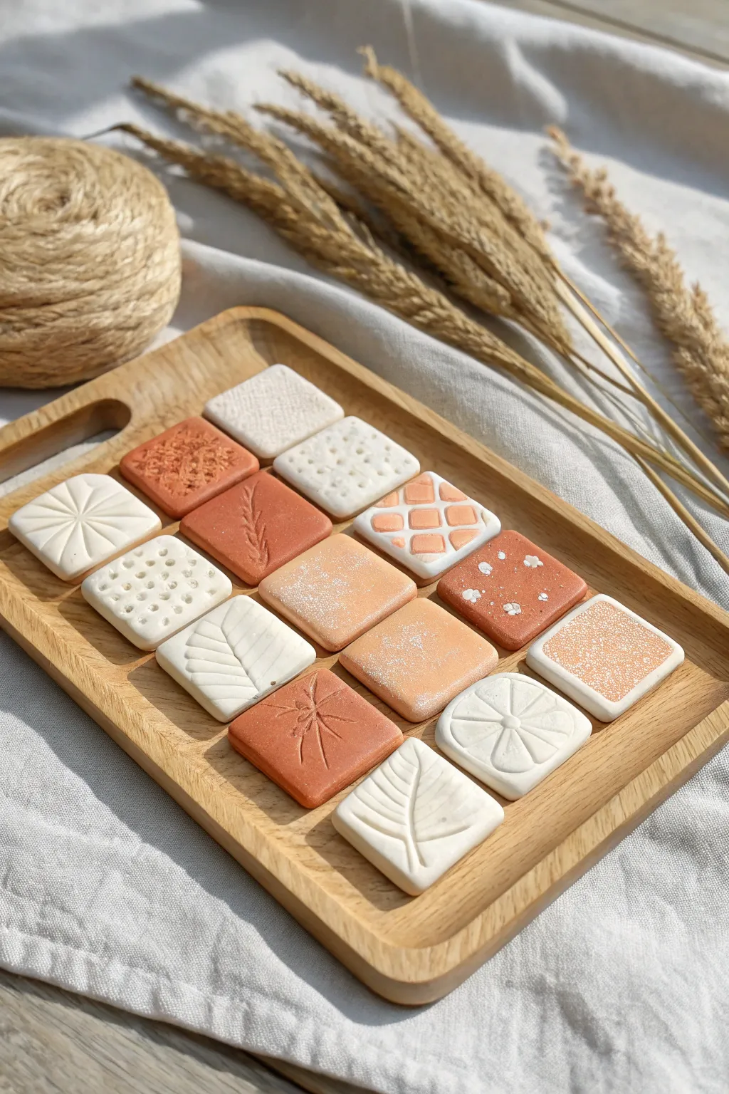 Simple stamp-and-texture clay tiles for kids, styled as a minimalist Scandinavian mini set.