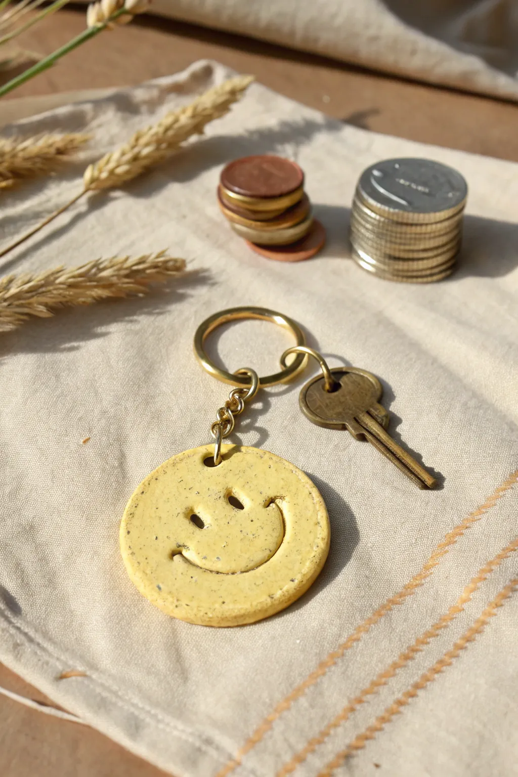 Butter-yellow smiley coin keychain charm, a cheerful DIY detail for your everyday keys.