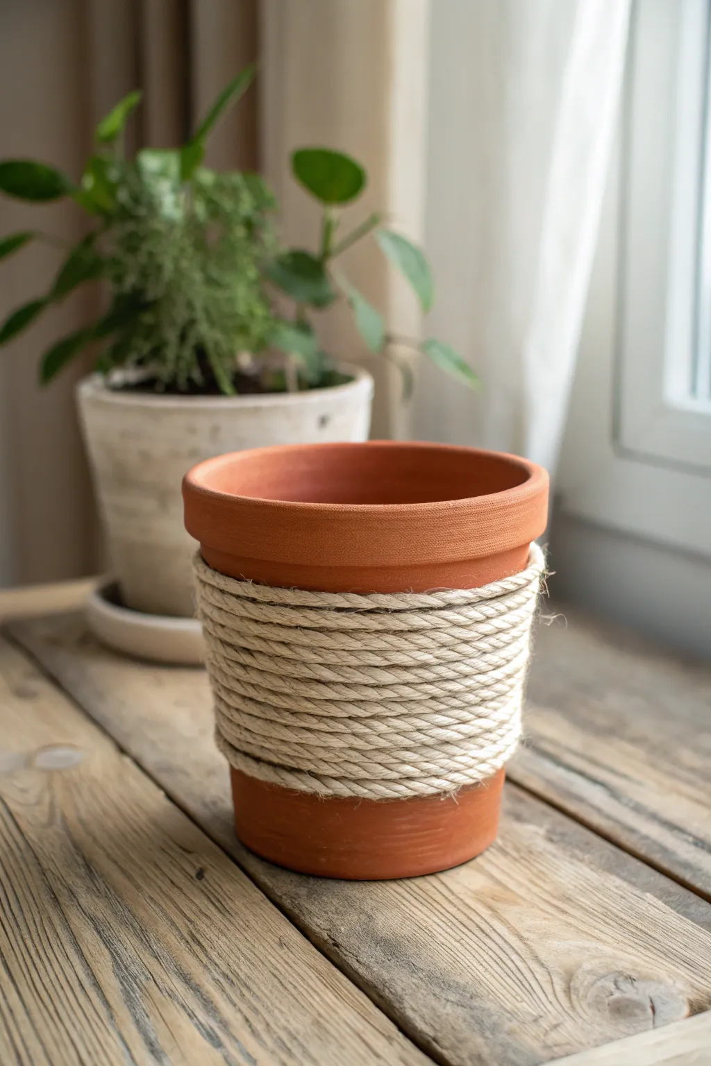 Braided twine wrapped terracotta pot for an easy boho DIY with cozy minimalist charm.