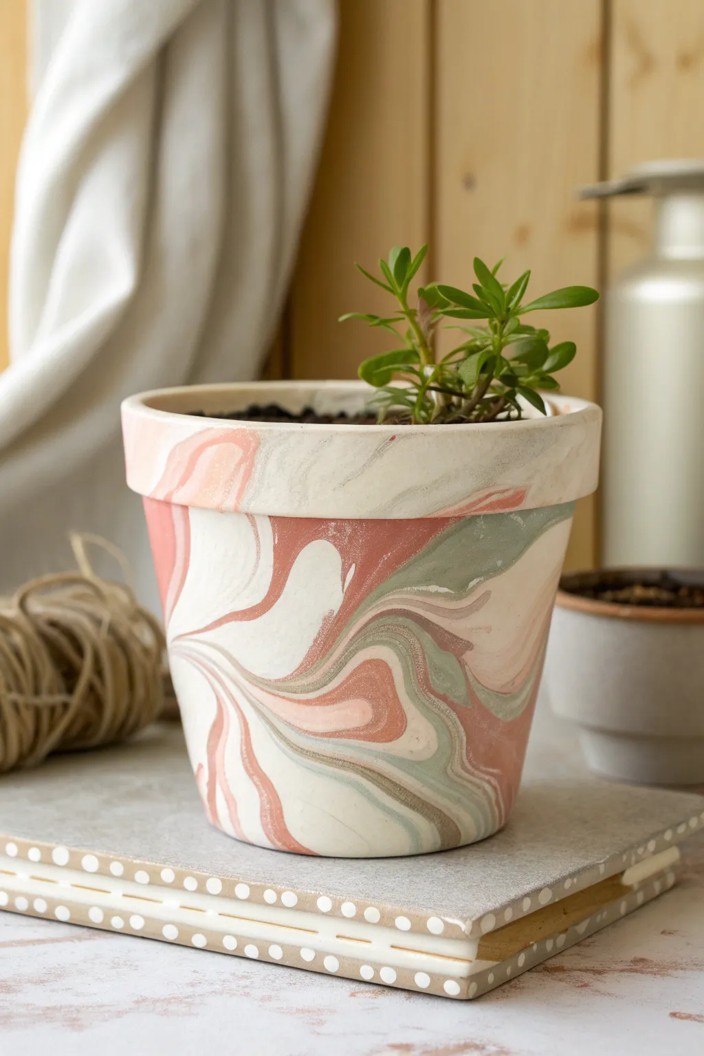 Glossy marble swirls and paint-pour waves on a terracotta pot for an effortless boho-minimal look
