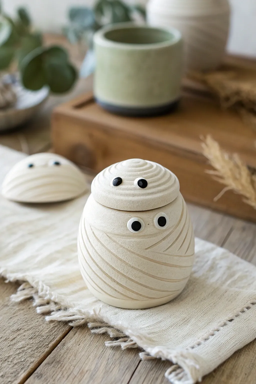 Make a cute mummy mini jar with simple clay wraps and peeking eyes for subtle Halloween decor.